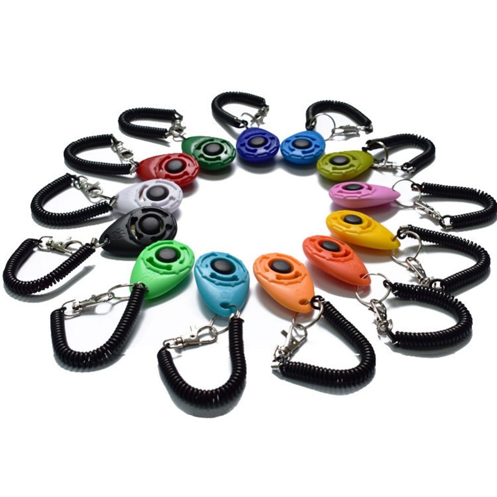 Durable Pet Dog Training Button Clicker Plastic New Dogs Click Trainer Aid Adjustable Wrist Strap Sound Keychain Dog Clicker