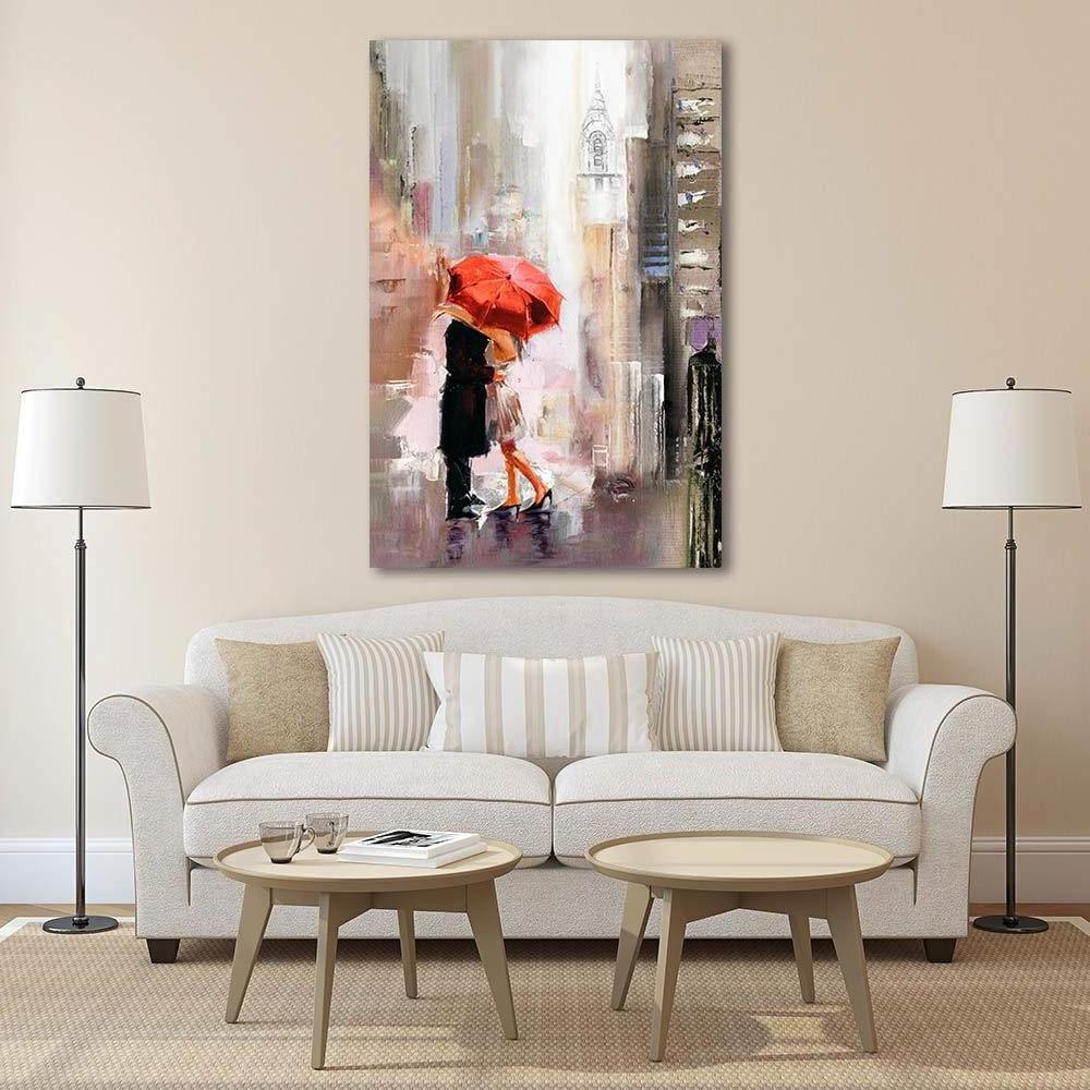 Abstract Canvas Prints Wall Art Stretched Frame Canvas Painting Modern Romantic  Lovers with Red Umbrella for Wall Decoration