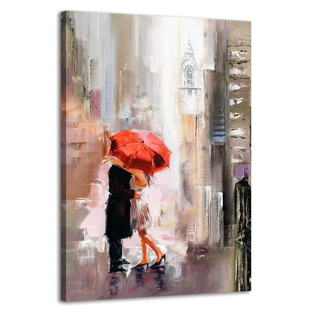 Abstract Canvas Prints Wall Art Stretched Frame Canvas Painting Modern Romantic  Lovers with Red Umbrella for Wall Decoration