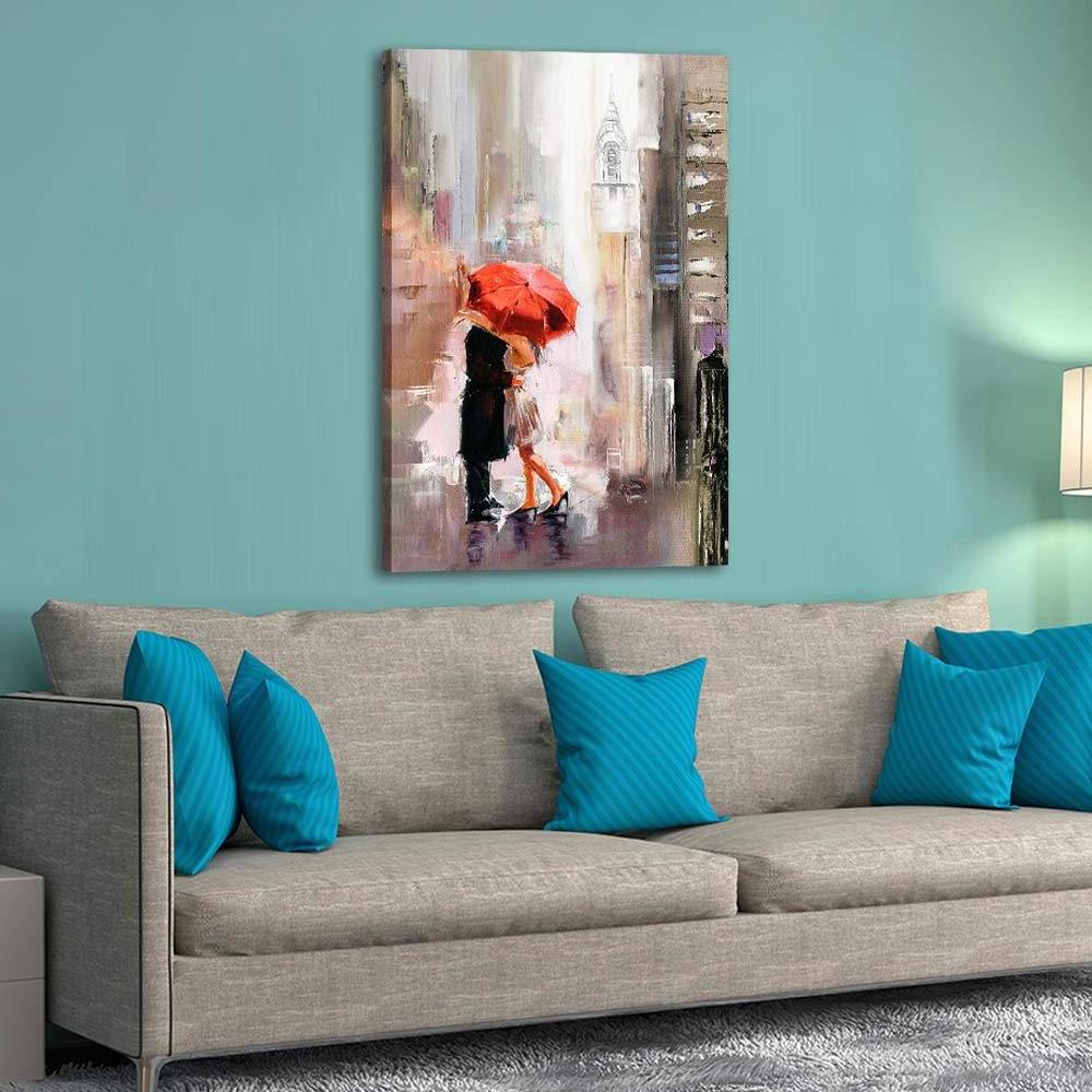 Abstract Canvas Prints Wall Art Stretched Frame Canvas Painting Modern Romantic  Lovers with Red Umbrella for Wall Decoration