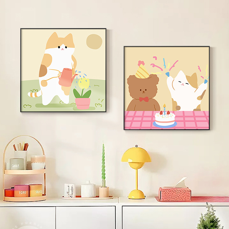 Modern Cute Cartoon Bear Kitty Dog Canvas Paintings Home Goods Decoration Square Wall Art For Home Living Room Bedroom Kids Room