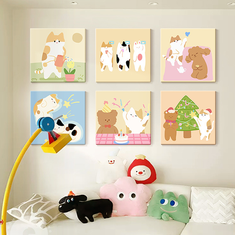 Modern Cute Cartoon Bear Kitty Dog Canvas Paintings Home Goods Decoration Square Wall Art For Home Living Room Bedroom Kids Room