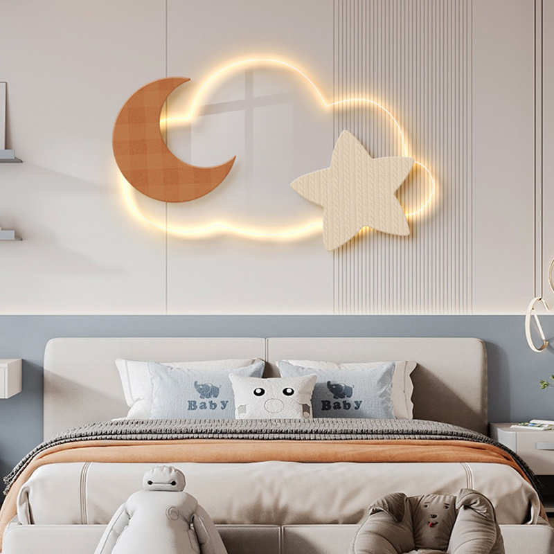 Nordic Bedroom Acrylic Bedhead Painting LED Luminous Clouds Moon Children's Room Decoration Painting Still Life Hanging Wall Art