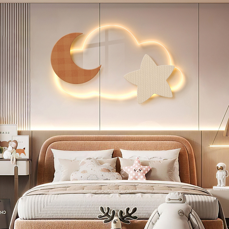 Nordic Bedroom Acrylic Bedhead Painting LED Luminous Clouds Moon Children's Room Decoration Painting Still Life Hanging Wall Art