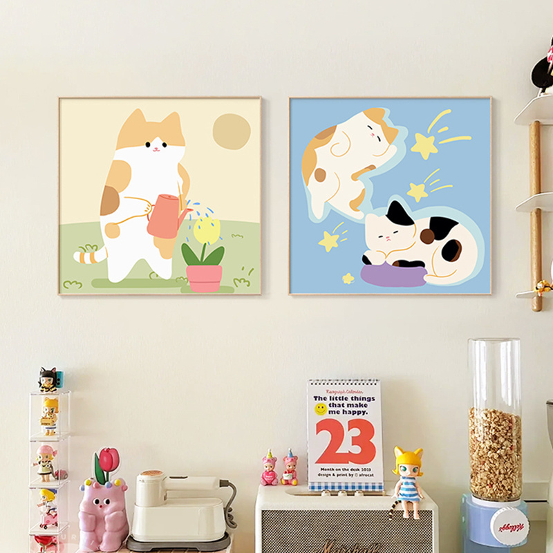 Modern Cute Cartoon Bear Kitty Dog Canvas Paintings Home Goods Decoration Square Wall Art For Home Living Room Bedroom Kids Room