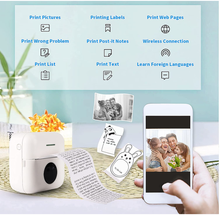 Mini Sticker Printer Bluetooth Smart Pocket Inkless Thermal Printer with 10 Rolls Thermal Paper and Sticker Portable Printer