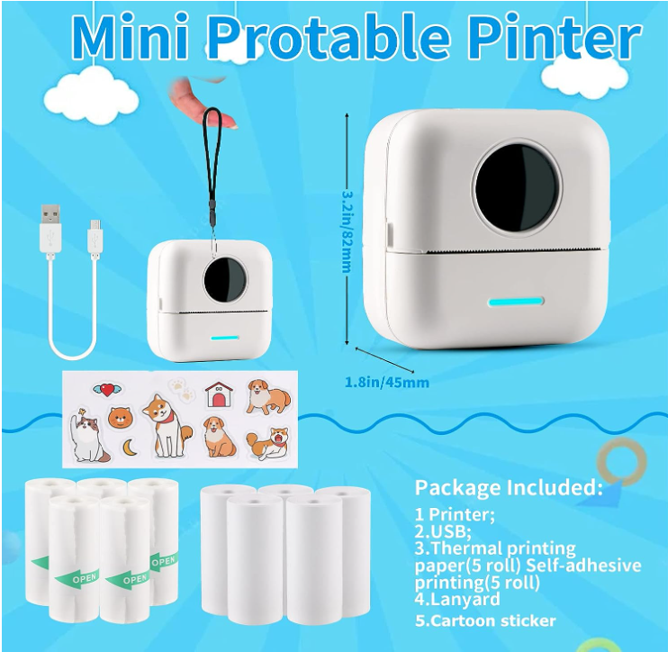 Mini Sticker Printer Bluetooth Smart Pocket Inkless Thermal Printer with 10 Rolls Thermal Paper and Sticker Portable Printer