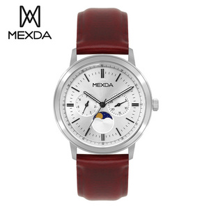 Mexda Classic Business Moonphase  Luminous Reloj De Lujo White Dial Brown genuine leather Quartz men Wrist watch