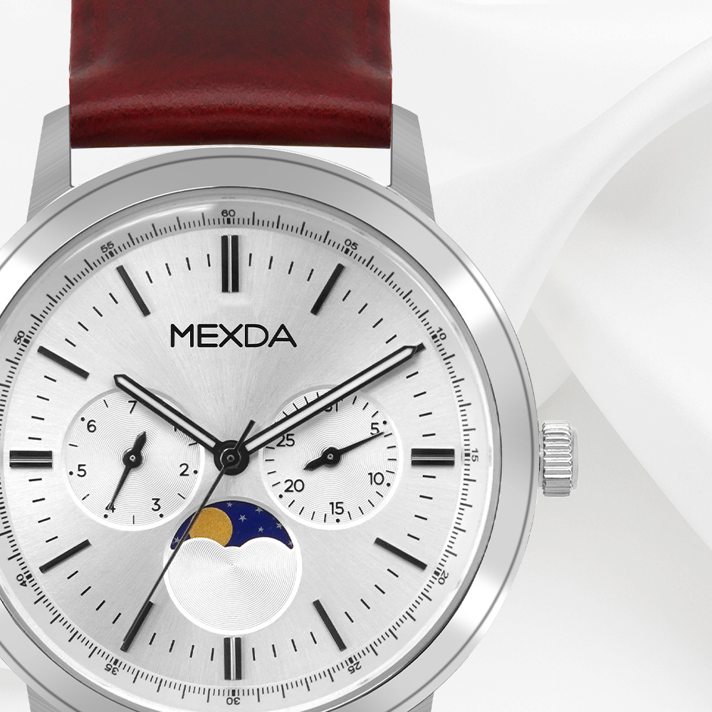 Mexda Classic Business Moonphase  Luminous Reloj De Lujo White Dial Brown genuine leather Quartz men Wrist watch