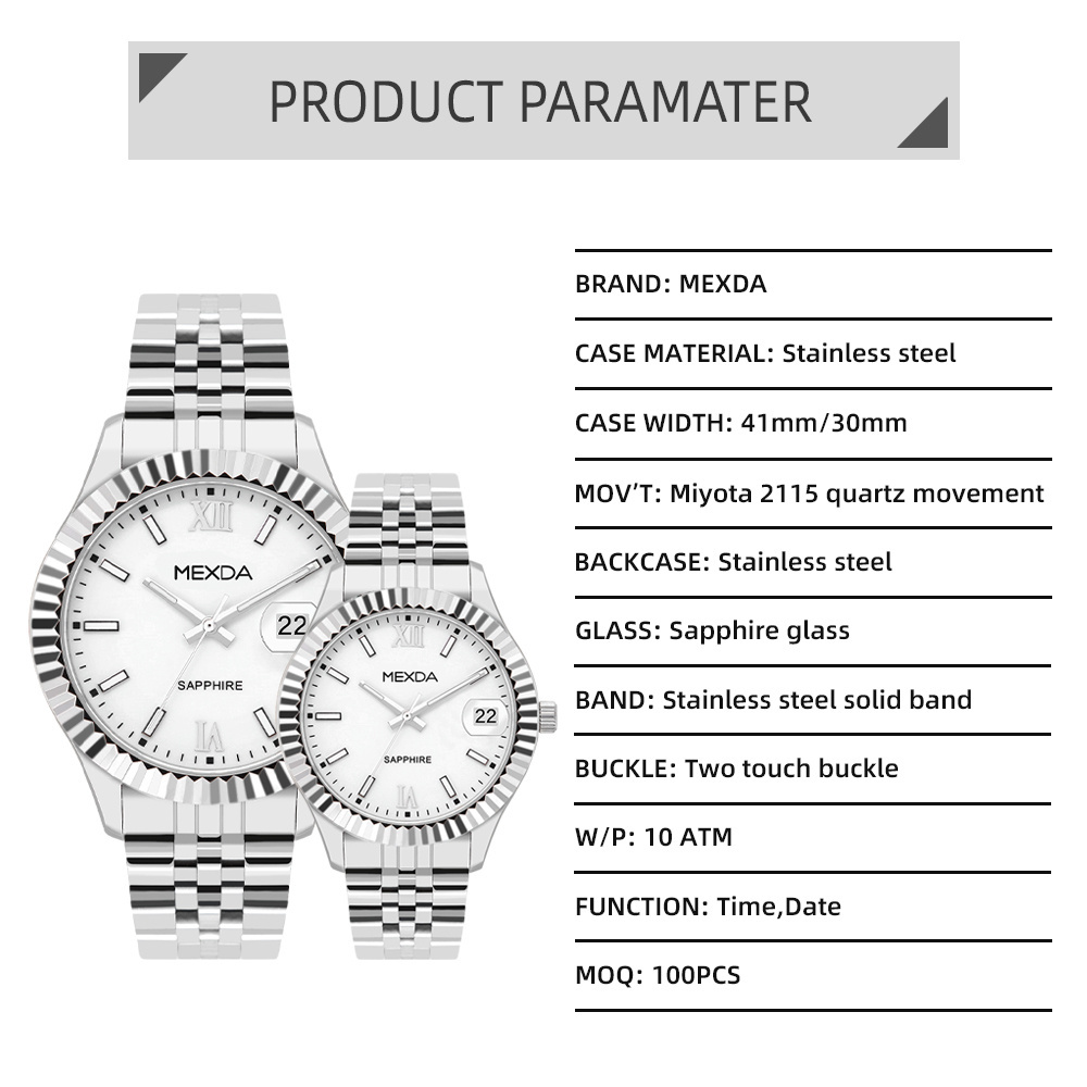 Mexda Relojes Hombre White Faced Steel Band Date Watch Female Simple Leisure Fashion Quartz Suit Couple Watches