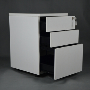 High quality 3 drawers 5 wheels with castor 2 keys office MDF file storage mobile pedestal wood filing cabinet