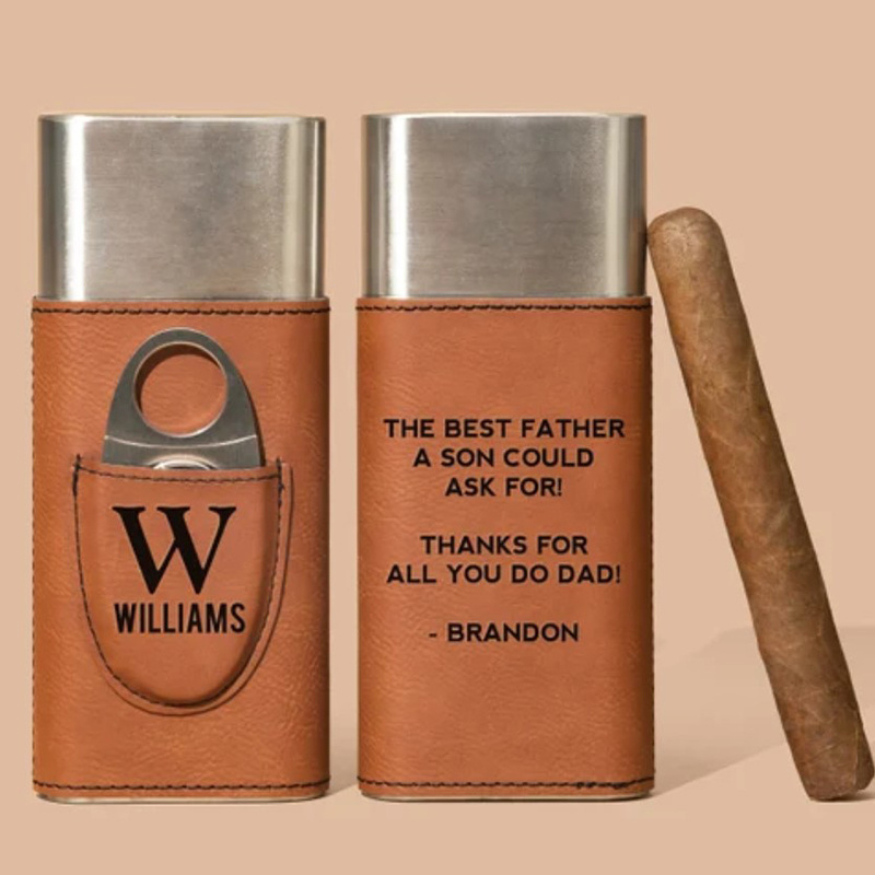 Manufacturer Personalized Cigar Holder with 2oz Hip Flask Stainless Steel Laserable Leatherette Cigar Case With Cigar Cutter