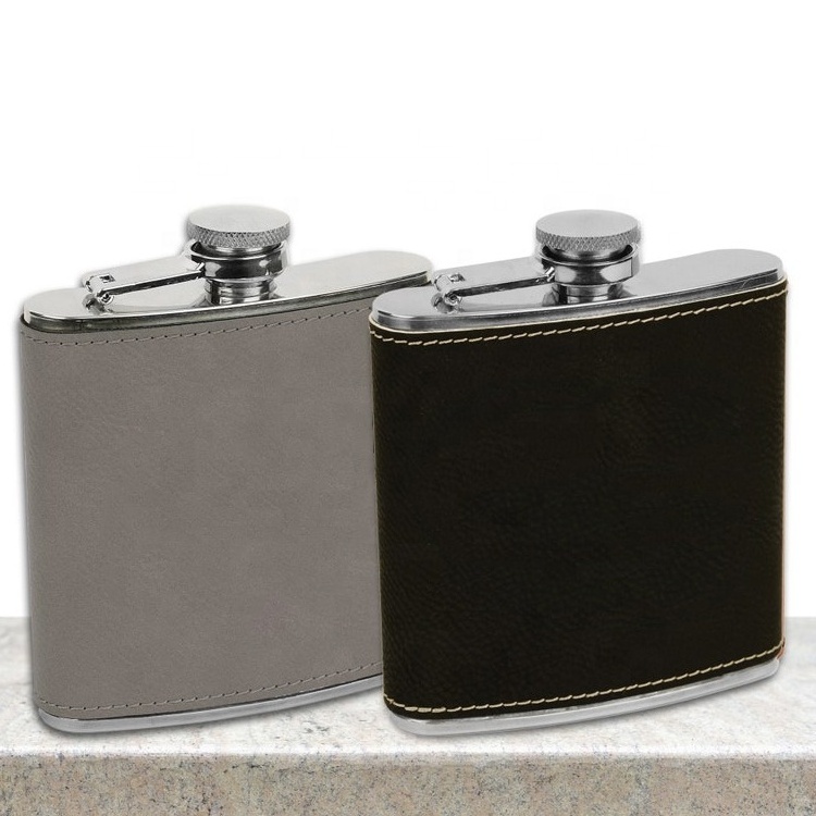 Print Logo Monogrammed Hip Flasks Leather 6oz Stainless Steel Hip Flask With Vegan Leather Cover