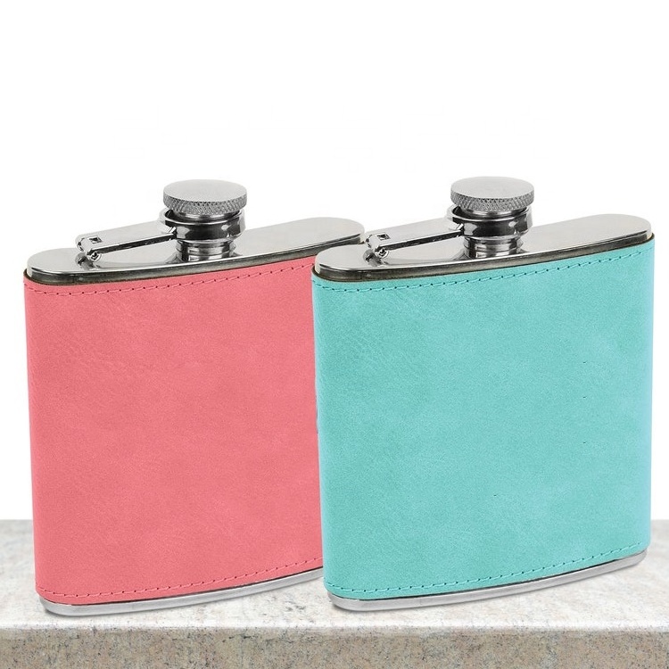 Print Logo Monogrammed Hip Flasks Leather 6oz Stainless Steel Hip Flask With Vegan Leather Cover