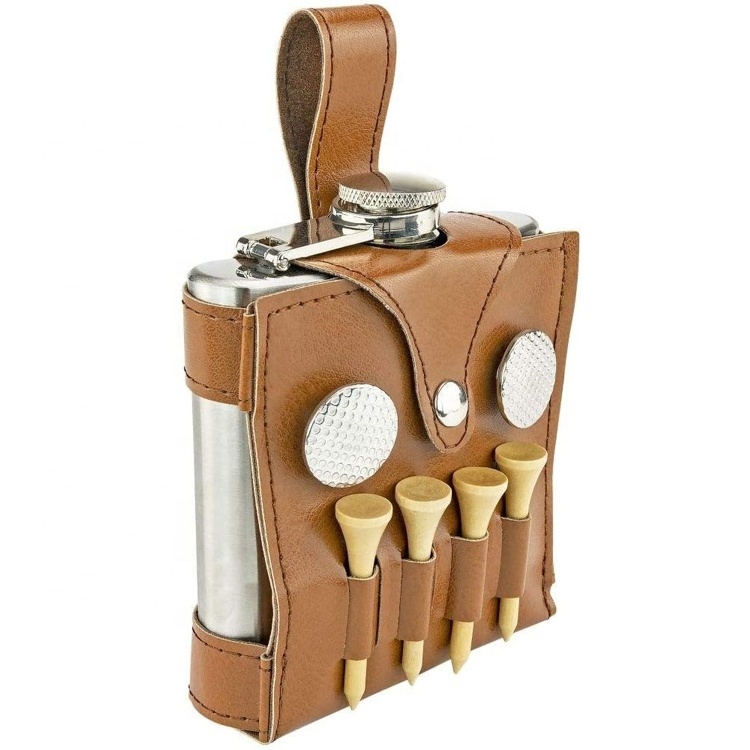 Father's Day Gift Multi Function Golf Spot Markers Golf Tees Divot Tool Pu Leather Waist Belt Stainless Steel 60z Hip Flask