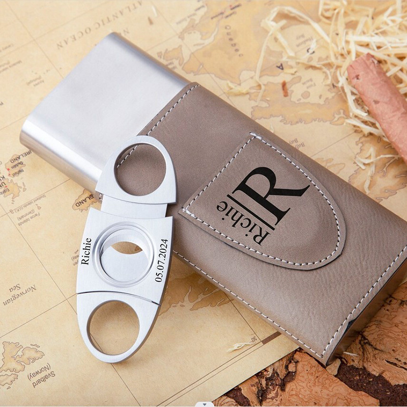 Manufacturer Personalized Cigar Holder with 2oz Hip Flask Stainless Steel Laserable Leatherette Cigar Case With Cigar Cutter