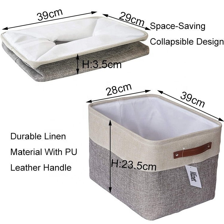 Collapsible Rectangular Storage Bin Woven Big Organizer Clothes Toy Folding Cotton Rope Storage Basket With Leather Handles