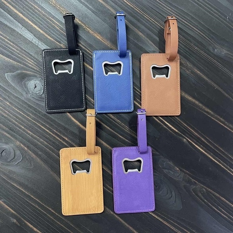 Laser Blank PU Leather Suitcase Luggage Tag Anti Lost Travel Accessories Laserable Leatherette Luggage Tag with Bottle Opener