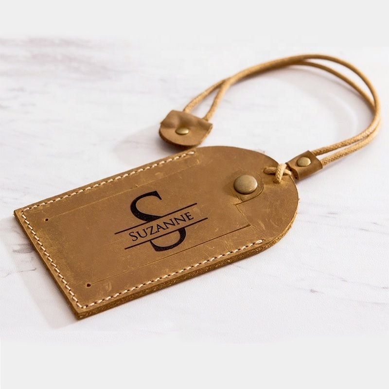 Custom Engraved Real Genuine Leather Luggage Tag Vintage Elegant Durable Crazy Horse Leather Luggage Tags with Contact Card