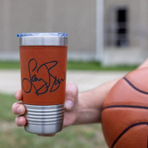 Laserable Leatherette Tumbler Coach Gift Basketball Football Gym Travel Mug 20oz Stainless Steel Tumbler With Leather Sleeve Lid