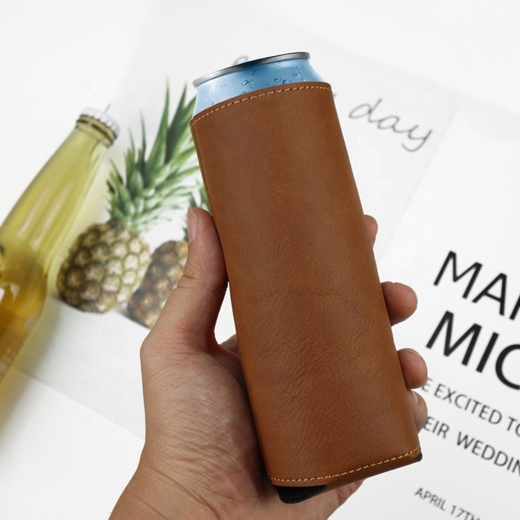 Laserable Leatherette Skinny Can Cooler 12oz Wedding Groomsmen Favor Insulated Can Coolers Custom Koozies Blank Bottle Sleeve