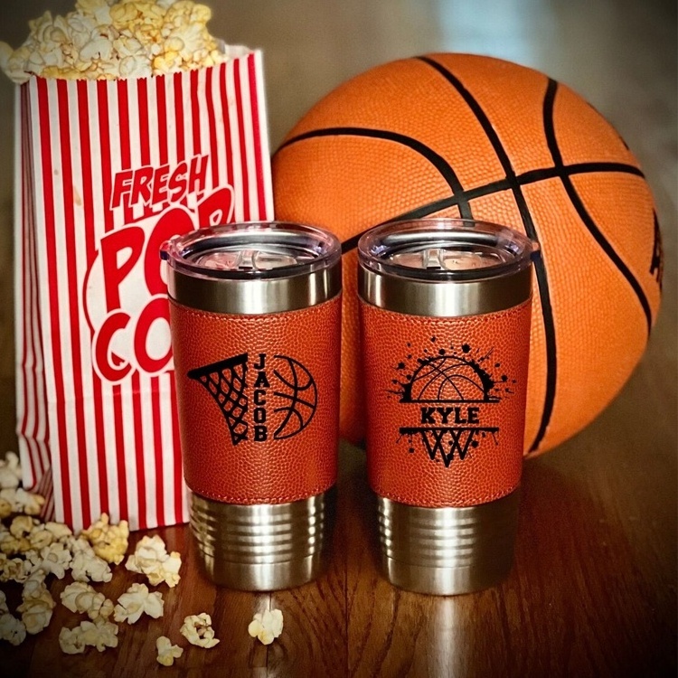 Laserable Leatherette Tumbler Coach Gift Basketball Football Gym Travel Mug 20oz Stainless Steel Tumbler With Leather Sleeve Lid