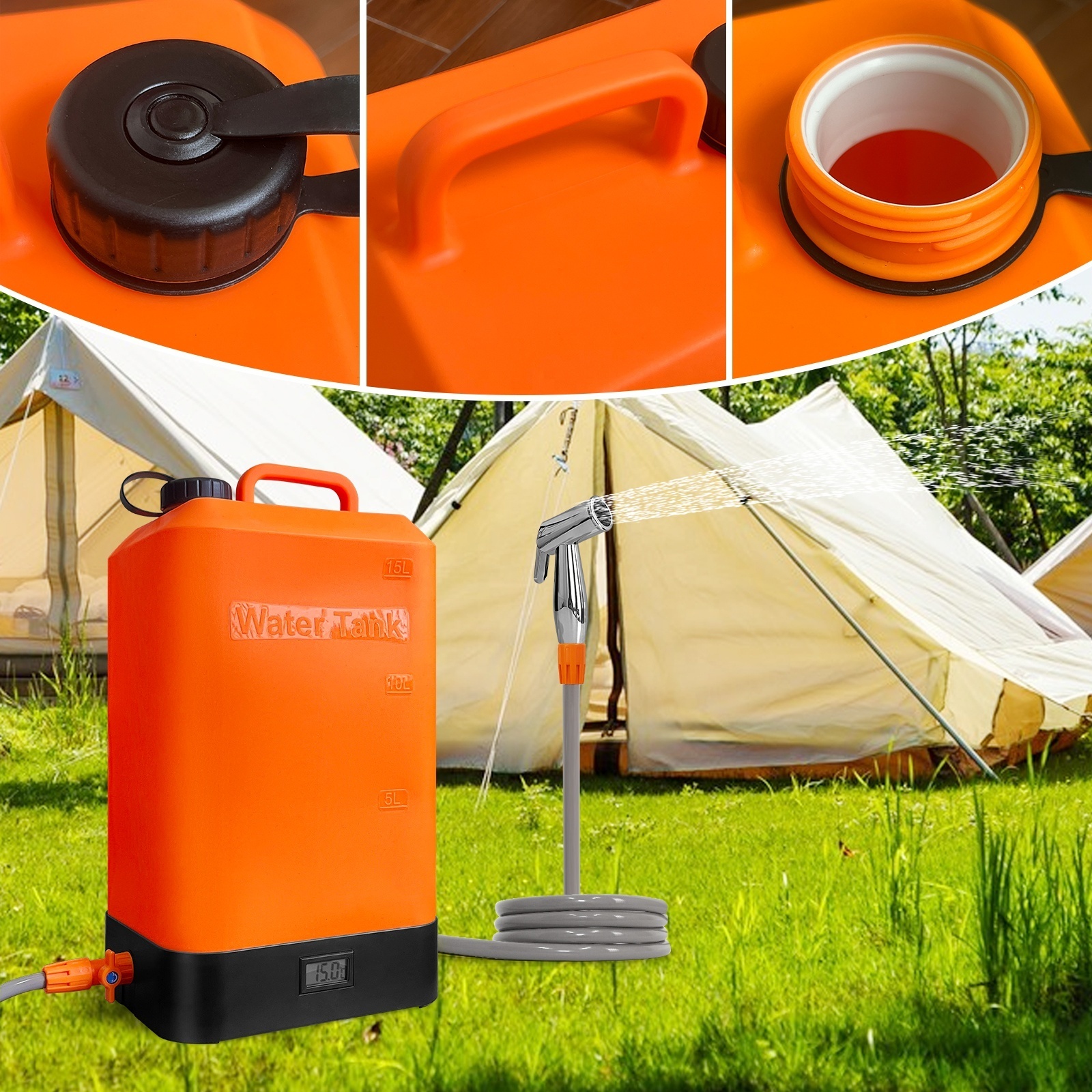 Portable Outdoor Shower 4.5 Gallon Silicone Water Tank Battery Powered and with Temperature Display Solar Heating, Easy to Carry