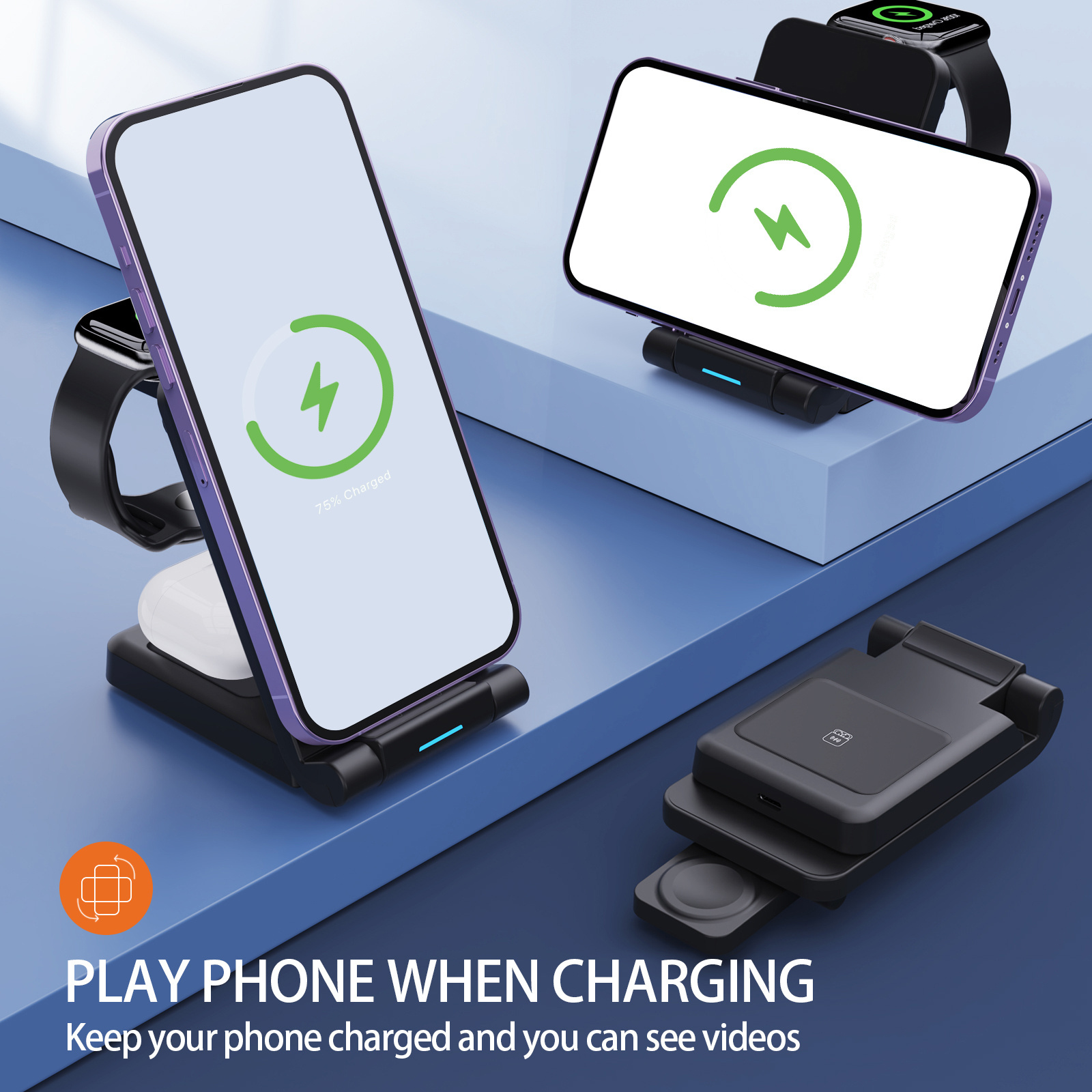 Customized 3 in 1 Wireless Charger Stand Fast Charging Cell Phone Mobile Phone Holder PD Multi-function Wireless Charger Station