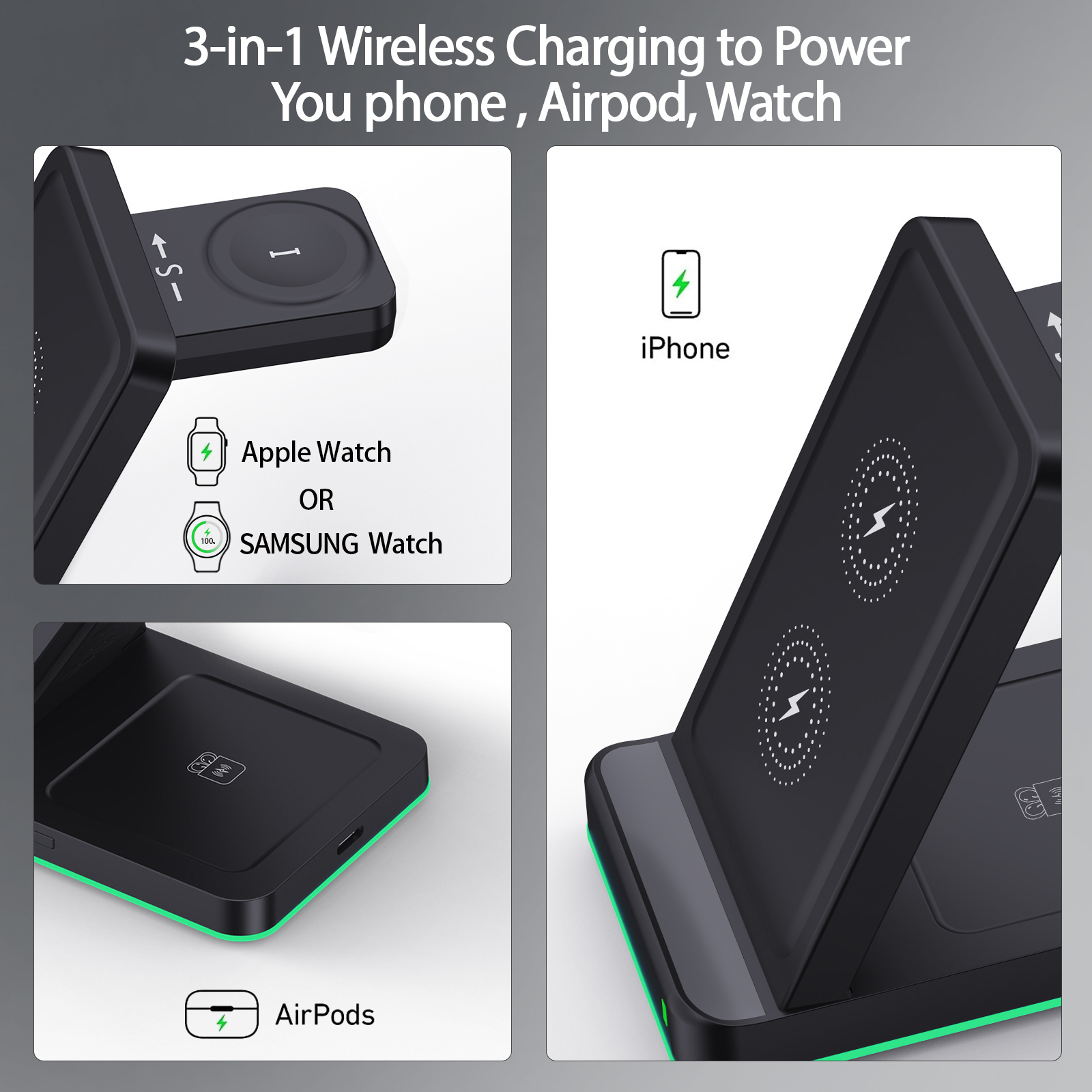 Customized 3 in 1 Wireless Charger Stand Fast Charging Cell Phone Mobile Phone Holder PD Multi-function Wireless Charger Station