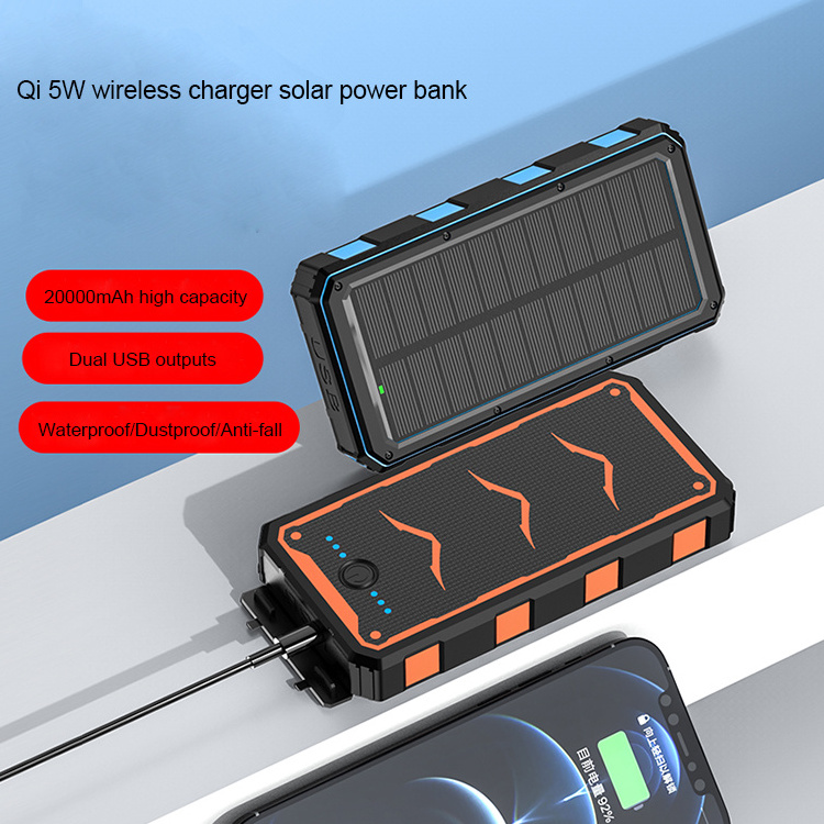 Waterproof Camping 20000Mah Solar Power Bank Solar Phone Charger External Backup Battery Pack with Dual USB Ports For Cell Phone