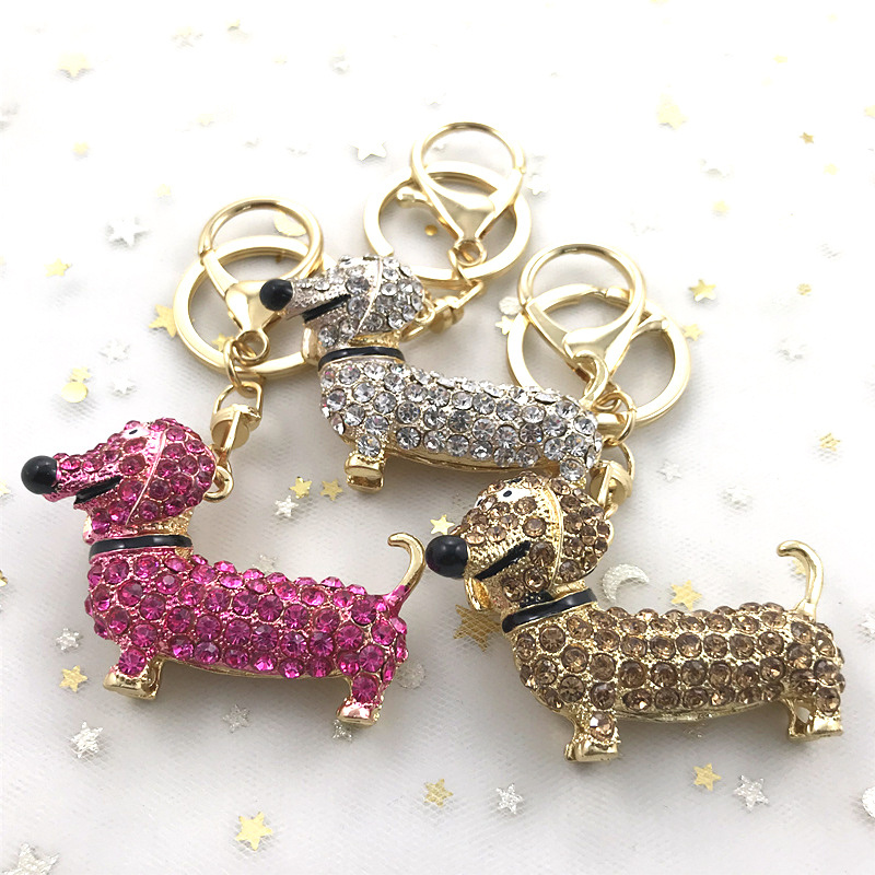 Cute Cartoon Rhinestone Dachshund Keychain Bling Crystal Dog Puppy Key Ring for Women Girls Wallet Car Decor