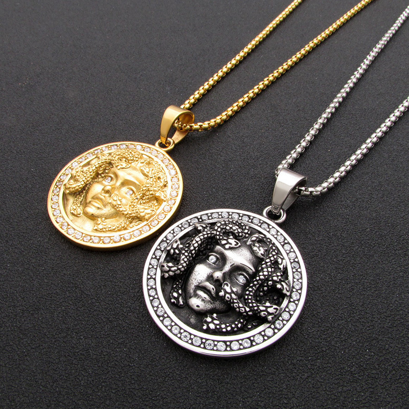 Hip Hop Retro Snake Monster Head Pendant Necklace Greek Mythology Statue Pendant Necklaces for Men Women