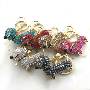 Cute Cartoon Rhinestone Dachshund Keychain Bling Crystal Dog Puppy Key Ring for Women Girls Wallet Car Decor