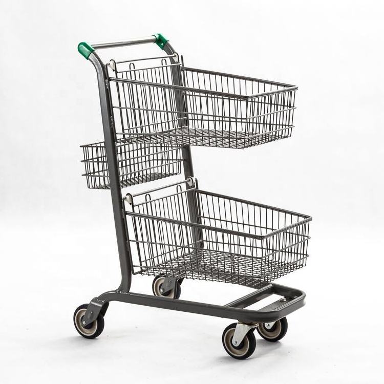 2 Tier Retail Shopping TrolleyMetal Double Grocery Basket Shopping TrolleyCity Double Basket Trolley