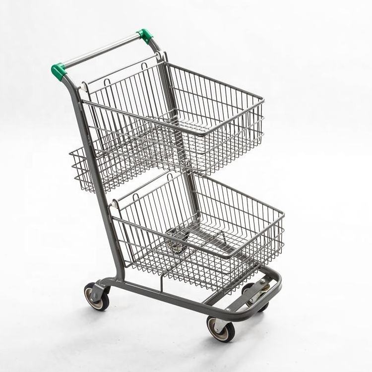 2 Tier Retail Shopping TrolleyMetal Double Grocery Basket Shopping TrolleyCity Double Basket Trolley