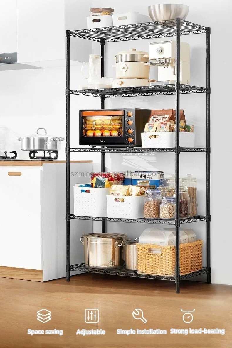 China Factory Heavy Duty kitchen Storage Shelf 4 Tier Black Metal Adjustable Wire Shelving