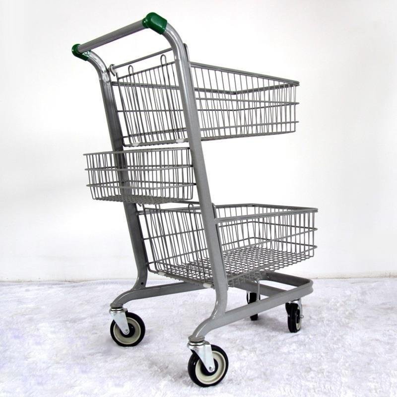 2 Tier Retail Shopping TrolleyMetal Double Grocery Basket Shopping TrolleyCity Double Basket Trolley