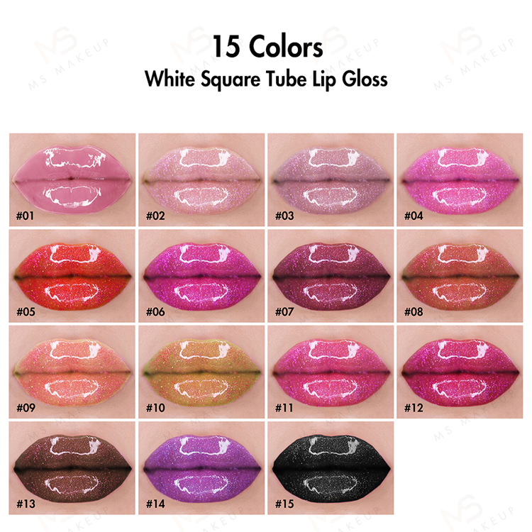 2021 New Gloss Vendors15 Colors White Square Tube Glitter Vegan Lipgloss Glossy Custom Logo Private Label Lip Gloss