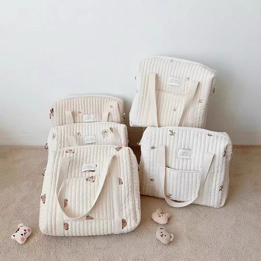 Korean Style  Mommy Single Shoulder Bag Zipper Embroidery Cute Bear Print Creamy Color Mom Bag Outing Baby Stroller Diaper Bags