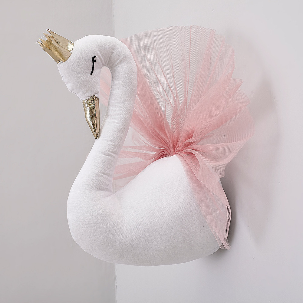 Cute 3D Golden Crown Stuffed Toy Animal Head Wall Decor for Kids Room Birthday Wedding Gift Swan Wall Art Hanging Doll