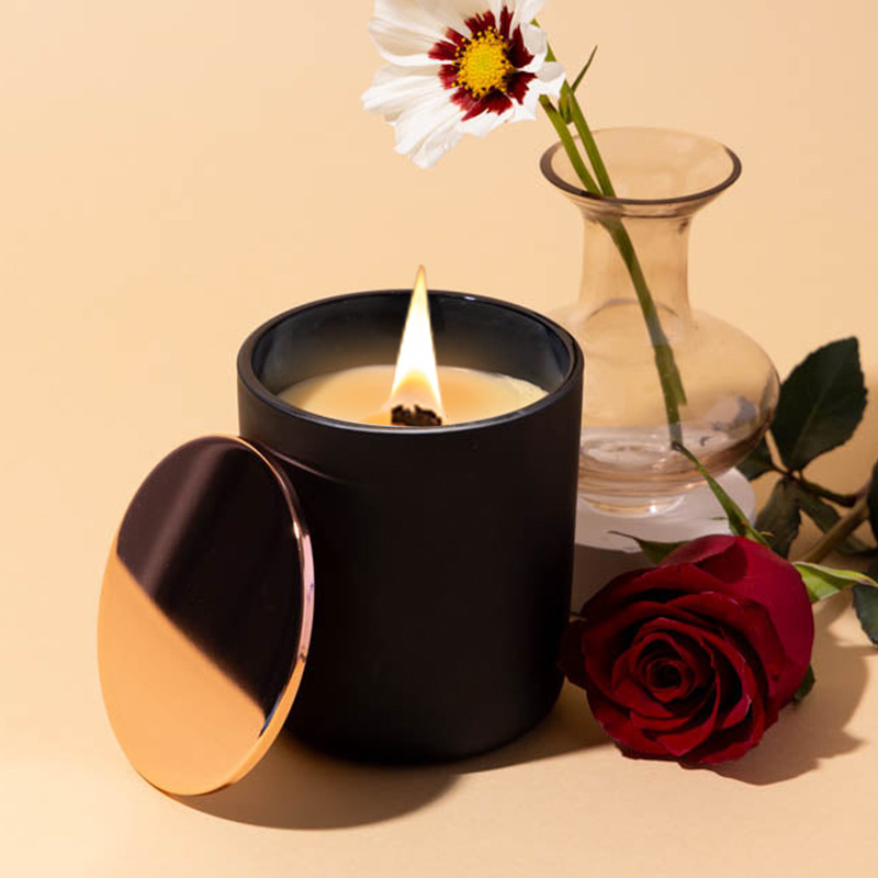 Mescente custom black ceramic long burning room fragrance wood wick lemon scented candles