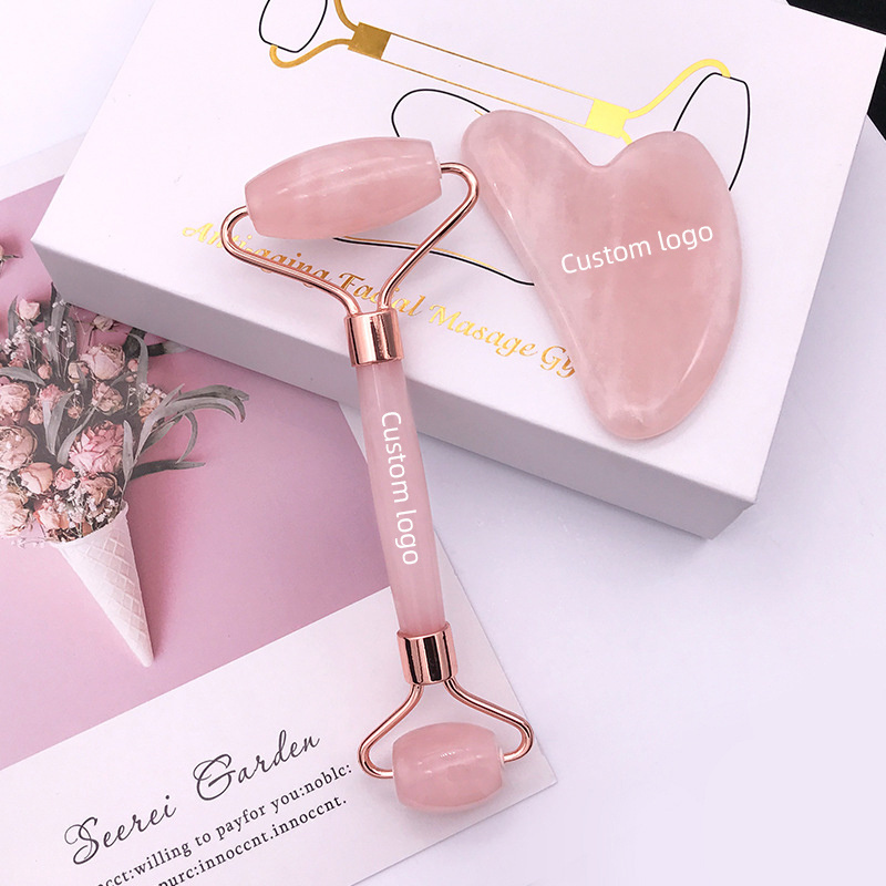 Rose Quartz Jade Roller Gua Sha Set Amethyst Green Pink White Jade Heart Shaped Gua Sha Stone and Face Roller Crystal Guasha