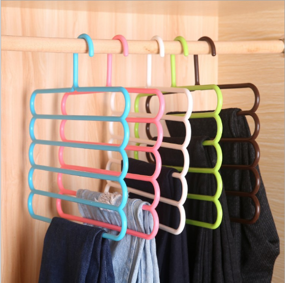 Household plastic multi-functional hanging pants 5 layer hanger antiskid storage magic hanger in 1