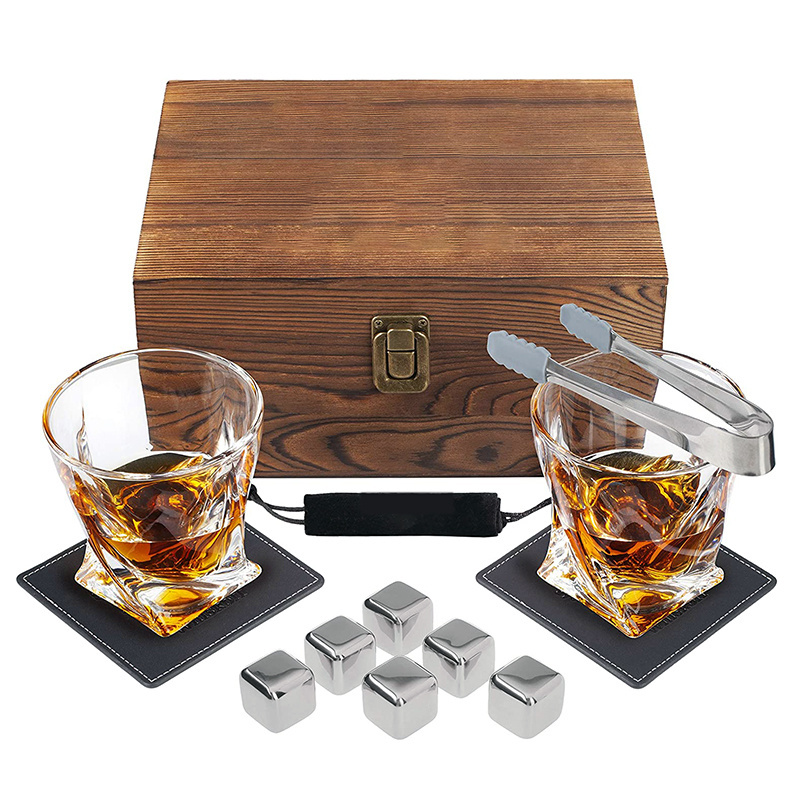 Metal Ice Cubes Whiskey Stone Box Gift Set  and Whiskey Glass and Stones Gift Set Wooden Box Stainless Steel Cooling Stone Set