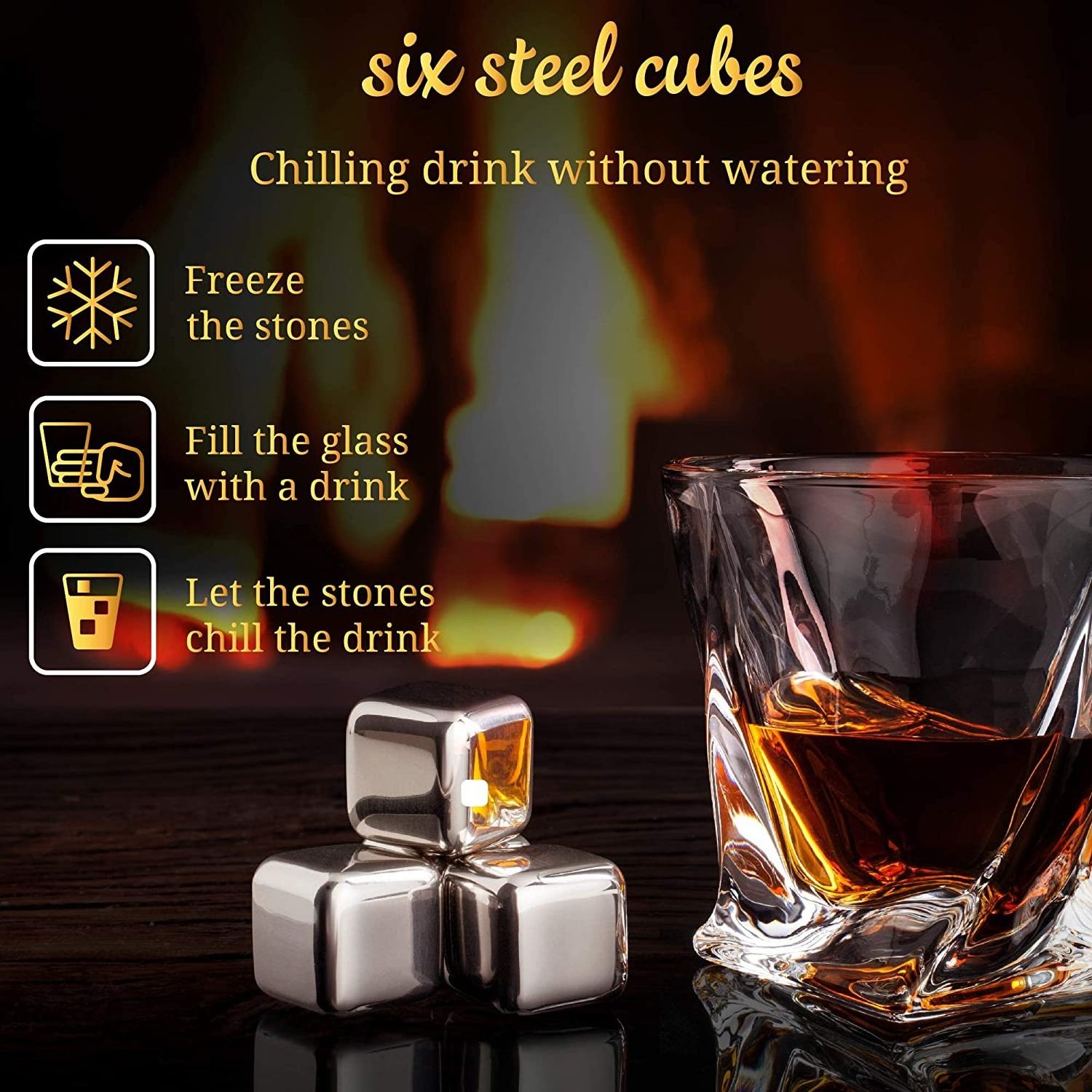 Metal Ice Cubes Whiskey Stone Box Gift Set  and Whiskey Glass and Stones Gift Set Wooden Box Stainless Steel Cooling Stone Set