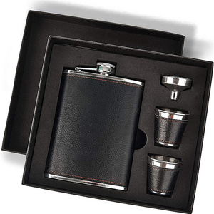 Gift Box Brown Leather Pocket Portable Hip Flask Stainless Steel 6Oz 8Oz Black Alcohol Hip Flask Gift Set with Whiskey Cups