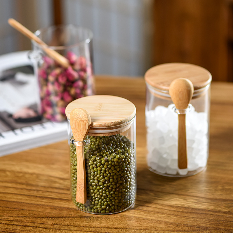 Eco-Friendly Feature Borosilicate Glass Food Spice Jar Clear Glass Storage Jar with Bamboo Spoon and Press Lid