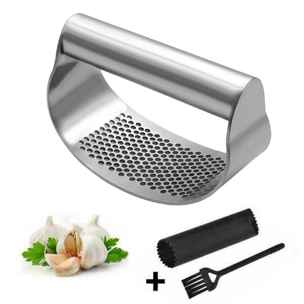 Stainless Steel Professional Grade Manual Garlic Press Crusher Squeezer Masher Mincer Tool Garlic Press Garlic Peeler Set