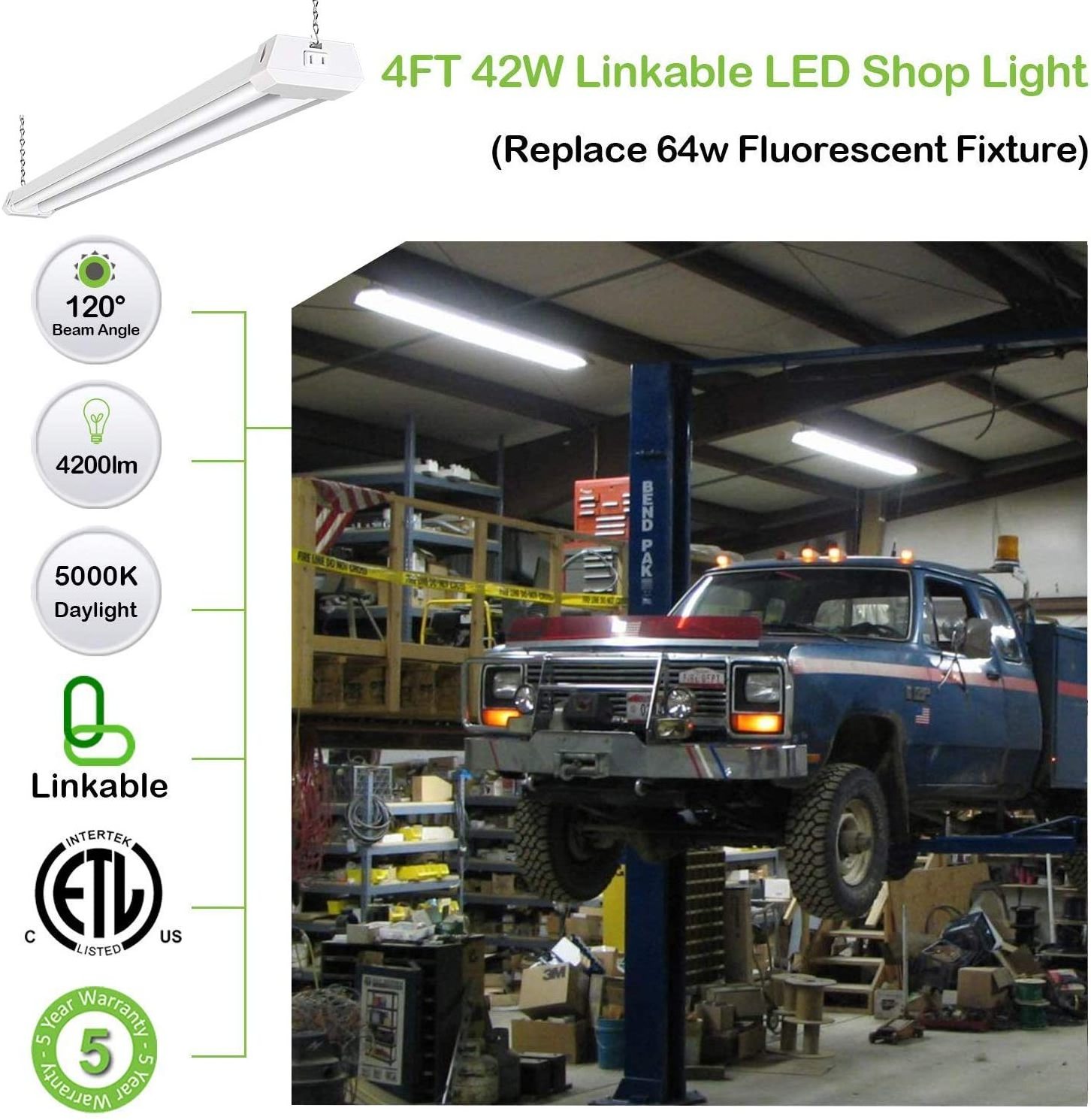 5000K LED Shop Light Linkable 4FT Daylight LED Ceiling Lights for Garages/Workshops 42w Linear batten tube