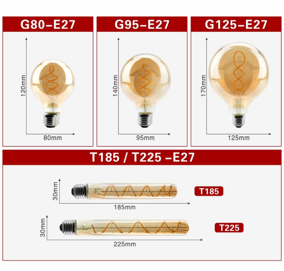 Clear cover dimmable G80 G95 G125 T185 T225 T45 chandelier candle light decorative E14 E27 retro edison smd led filament bulb